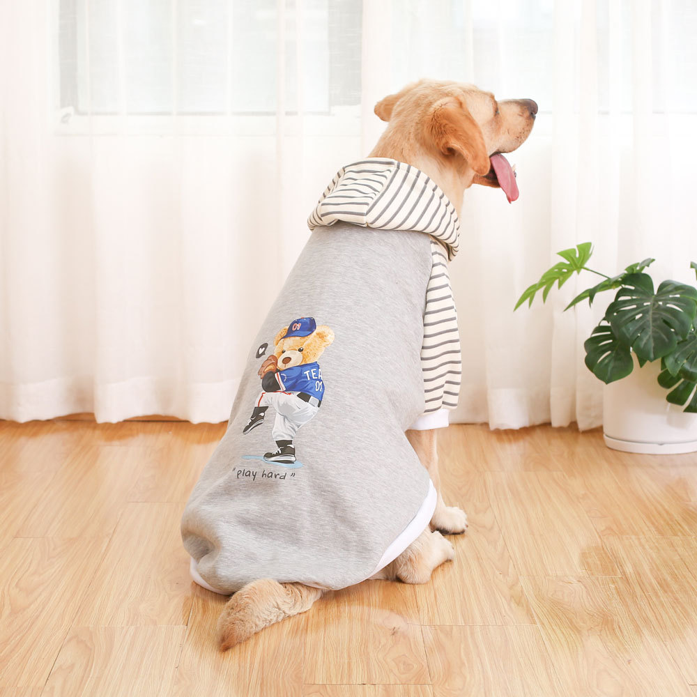 V888-ELOSUNG31264-202505301205-00 Autumn/Winter Dog Clothes - Grey Hoodie with Striped Hood & Baseball Bear (Size - 4XL) - Image 1