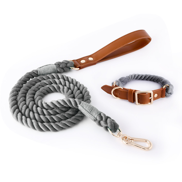 V888-ELOSUNG31279-202505301207-00 Premium Leather Pet Collar and Leash - Soft, Strong Braided Rope (Dark gray - Size S) - Image 1
