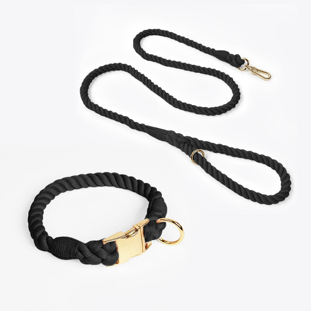 V888-ELOSUNG31290-202505301210-00 Handmade Rope Dog Collar and Leash Set - Colorful Woven Cotton Cotton (Black - Size M) - Image 1