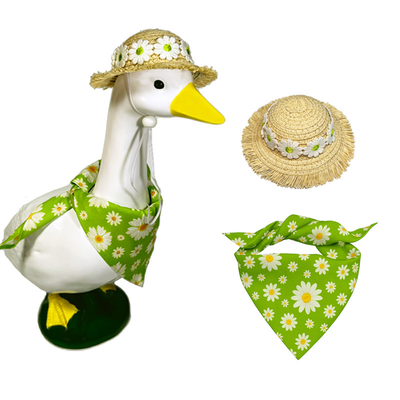 V888-ELOSUNG32003-202505261610-00 2 Sets Khaki and Green Daisy Delight Porch Goose & Small Pet Costume - 2 Summer Straw Hat & 2 Floral Bandana Set - Image 1