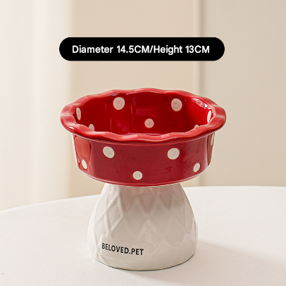 V888-ELOSUNG32046-202505261526-00 Red Adorable Mushroom Ceramic Elevated Cat Bowl - Anti-Vomiting & Spine Protecting Pet Feeder with Polka Dots - Image 1