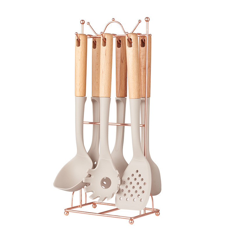 V888-ELOSUNG32077-202505281115-00 Beige Elegant 7-Piece Silicone Kitchen Utensil Set with Wooden Handles & Rose Gold Stand - Non-Stick Cookware Safe - Image 1