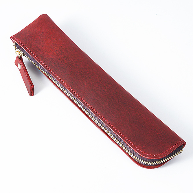 V888-ELOSUNG32151-202505301147-00 Red Vintage Crazy Horse Leather Zippered Pen Case - Retro Pencil Pouch & Small Accessories Bag - Image 1