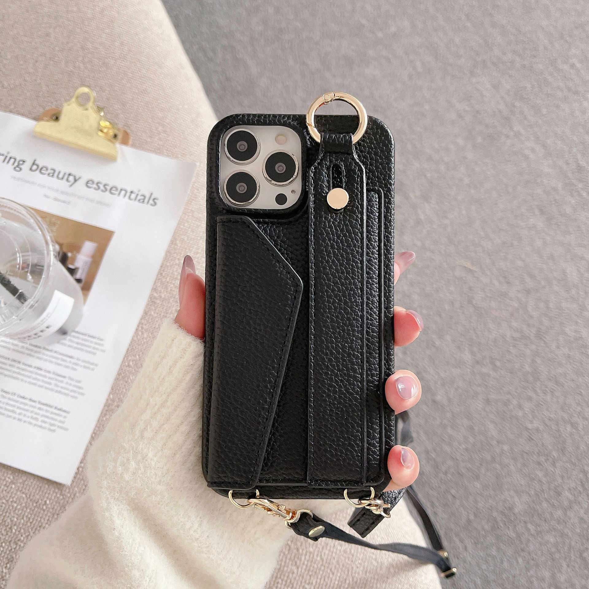 V888-ELOSUNG32231-202506051913-00 Black Chic PU Leather Crossbody Wallet Case for iPhone 16 - Card Holder with Detachable Strap & Finger Ring Grip - Image 1