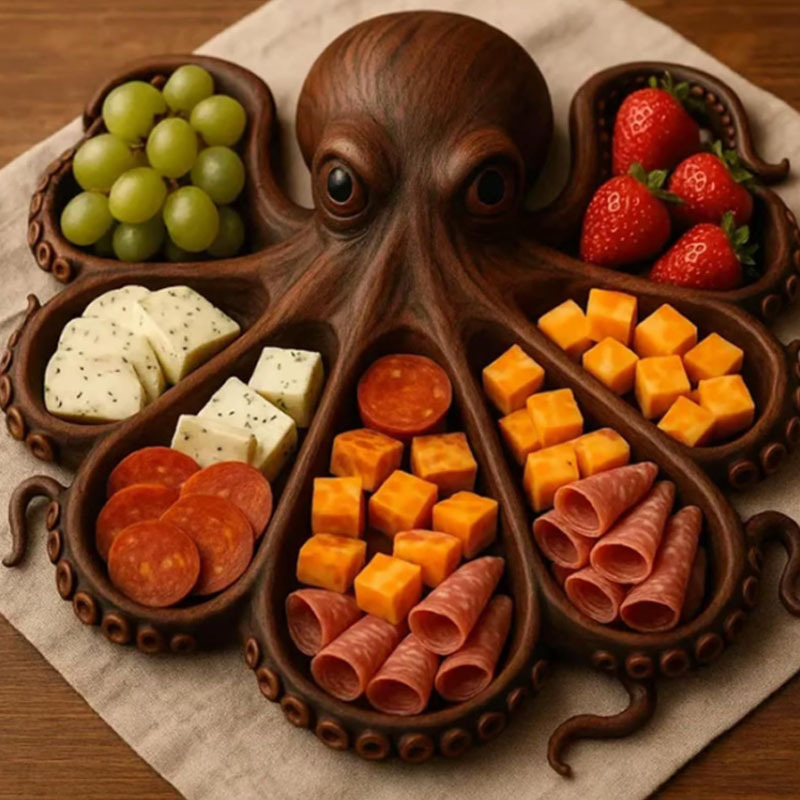V888-ELOSUNG32307-202506101830-00 Style A Brown Artisan Crafted Solid Wood Octopus Charcuterie Board - Unique Appetizer & Cheese Serving Platter - Image 1