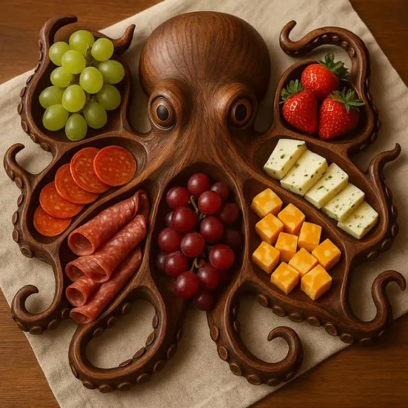 V888-ELOSUNG32308-202506101830-00 Style B Brown Artisan Crafted Solid Wood Octopus Charcuterie Board - Unique Appetizer & Cheese Serving Platter - Image 1