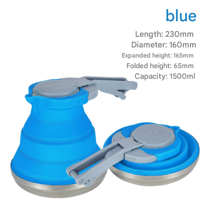 V888-ELOSUNG32323-202506101836-00 Blue 1.5L Collapsible Silicone Camping Kettle - Portable Foldable Travel Water Boiler, Stainless Steel Base - Image 1