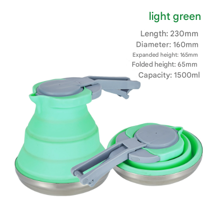 V888-ELOSUNG32325-202506101836-00 Light Green 1.5L Collapsible Silicone Camping Kettle - Portable Foldable Travel Water Boiler, Stainless Steel Base - Image 1