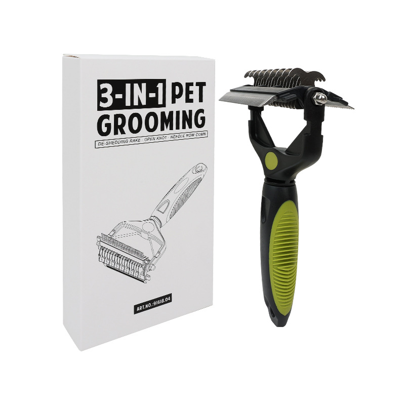 V888-ELOSUNG32371-202506190723-00 Green and Black Professional 3-in-1 Pet Grooming Tool - Dematting Rake, Deshedding Comb & Finishing Brush for Dogs & Cats - Image 1