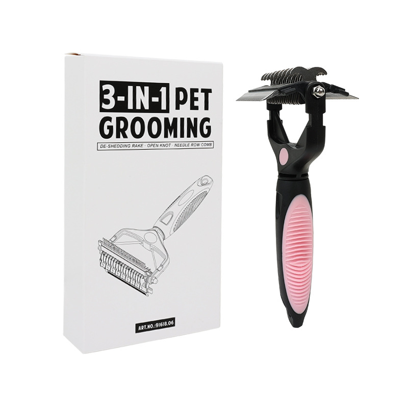 V888-ELOSUNG32373-202506190723-00 Pink and Black Professional 3-in-1 Pet Grooming Tool - Dematting Rake, Deshedding Comb & Finishing Brush for Dogs & Cats - Image 1