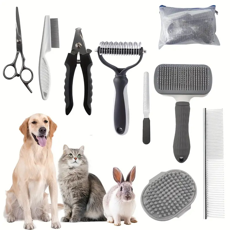 V888-ELOSUNG32401-202506190628-00 Grey Professional 9-Piece Pet Grooming Kit - DeShedding Brushes, Nail Clippers, Combs & Scissors Set for Dogs, Cats & Rabbits with Storage Bag - Image 1