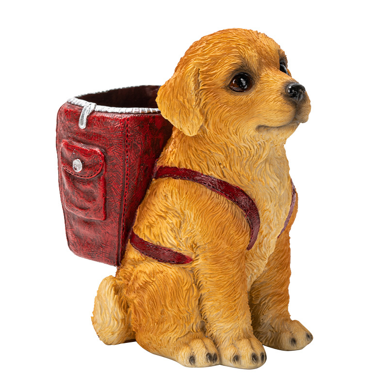 V888-ELOSUNG32495-202506191236-00 Red Backpack Charming Golden Retriever Puppy Pen Holder - Resin Desktop Organizer & Decorative Figurine - Image 1