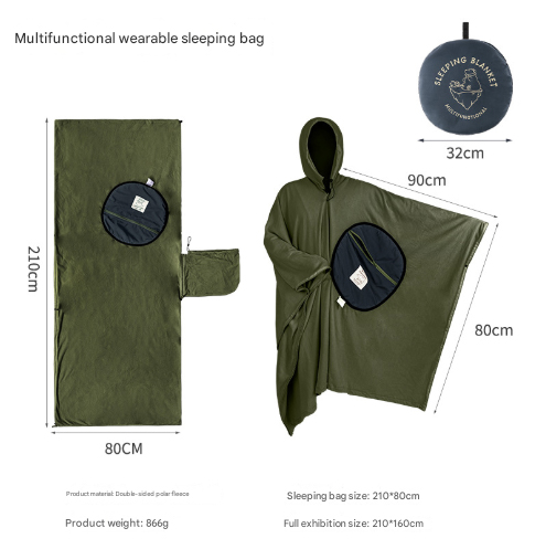 V888-ELOSUNG32563-202506241135-00 Green Cozy 4-in-1 Wearable Fleece Poncho Sleeping Bag - Multifunctional Camping Blanket with Detachable Hood - Image 1