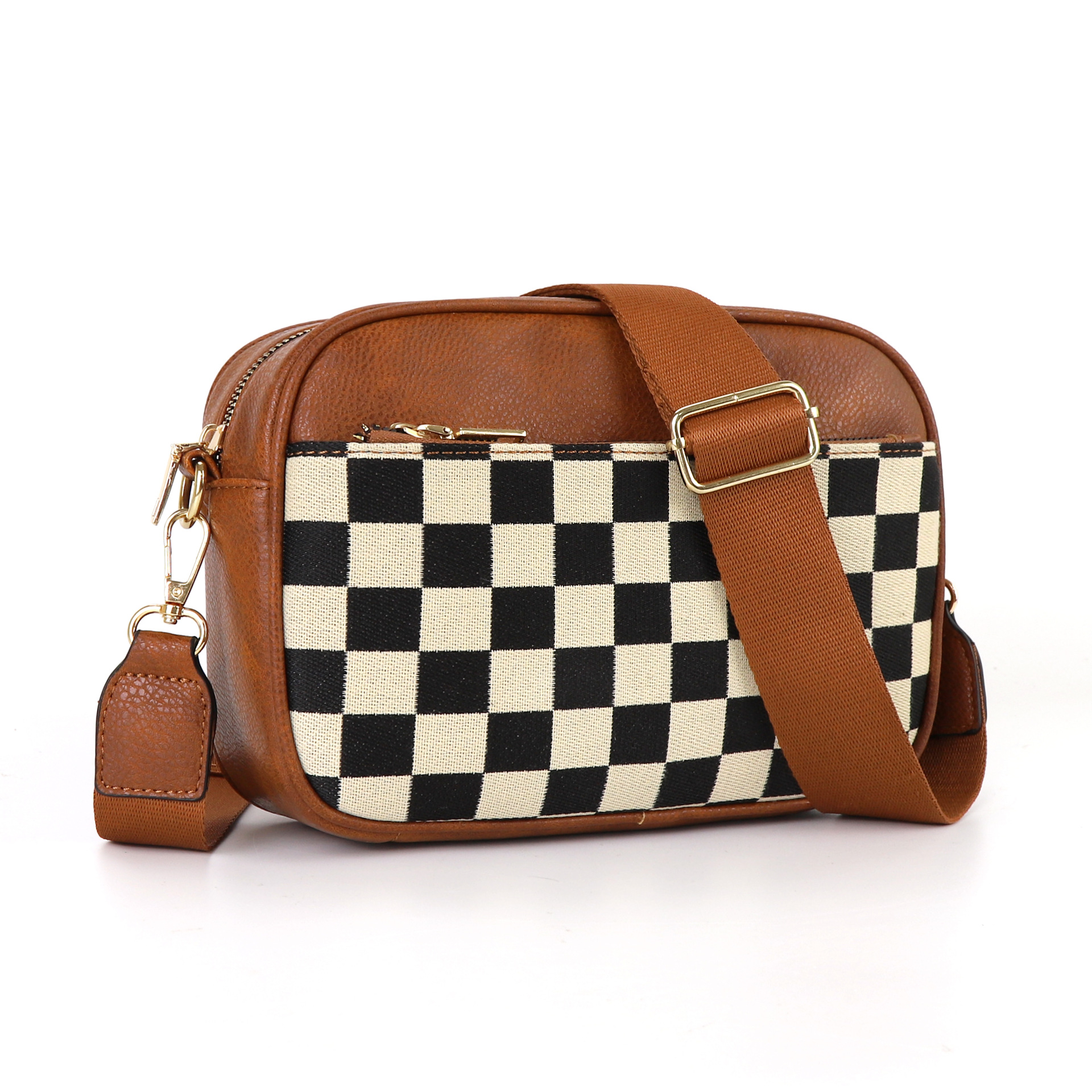 V888-ELOSUNG32573-202506241143-00 Brown Stylish Checkerboard Crossbody Camera Bag - PU Leather with Adjustable Wide Strap - Image 1