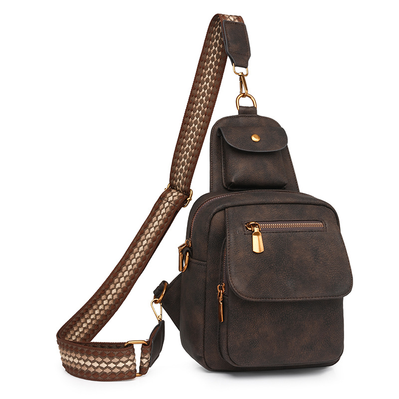 V888-ELOSUNG32577-202506241148-00 Coffee Stylish PU Leather Sling Crossbody Bag for Women - Multi-Pocket Chest Pack with Adjustable Wide Strap - Image 1