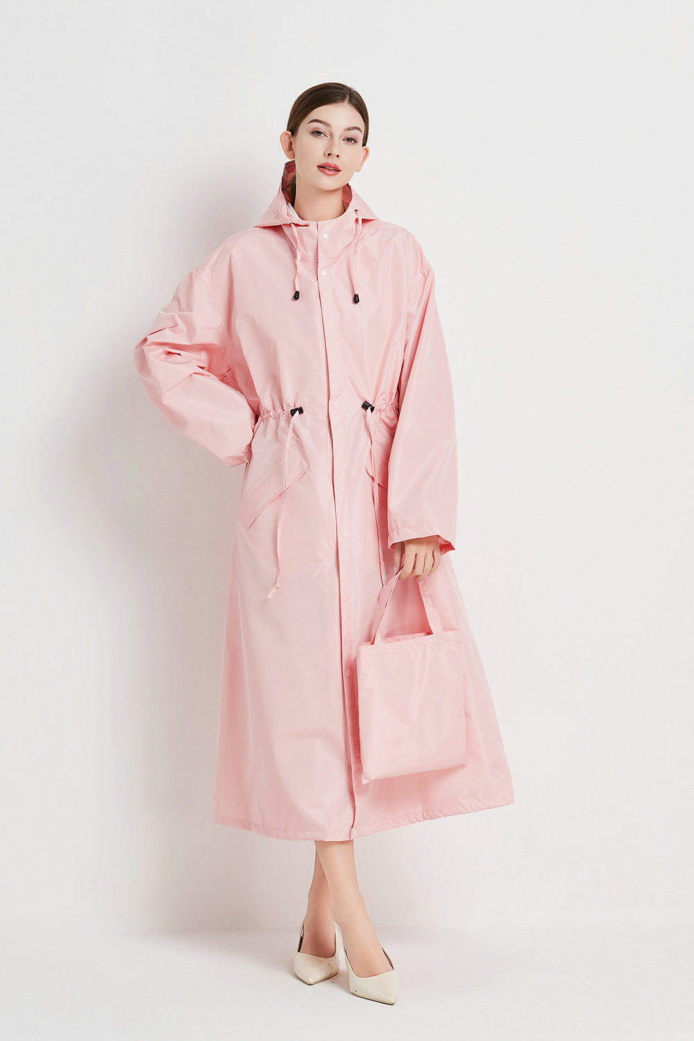 V888-ELOSUNG32625-202506241046-00 Size L Pink Women's Chic Lightweight Waterproof Raincoat - Long Hooded Packable Rain Jacket with Pouch - Image 1