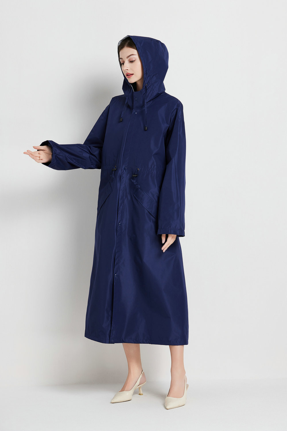 V888-ELOSUNG32633-202506241046-00 Size XL Dark Blue Women's Chic Lightweight Waterproof Raincoat - Long Hooded Packable Rain Jacket with Pouch - Image 1