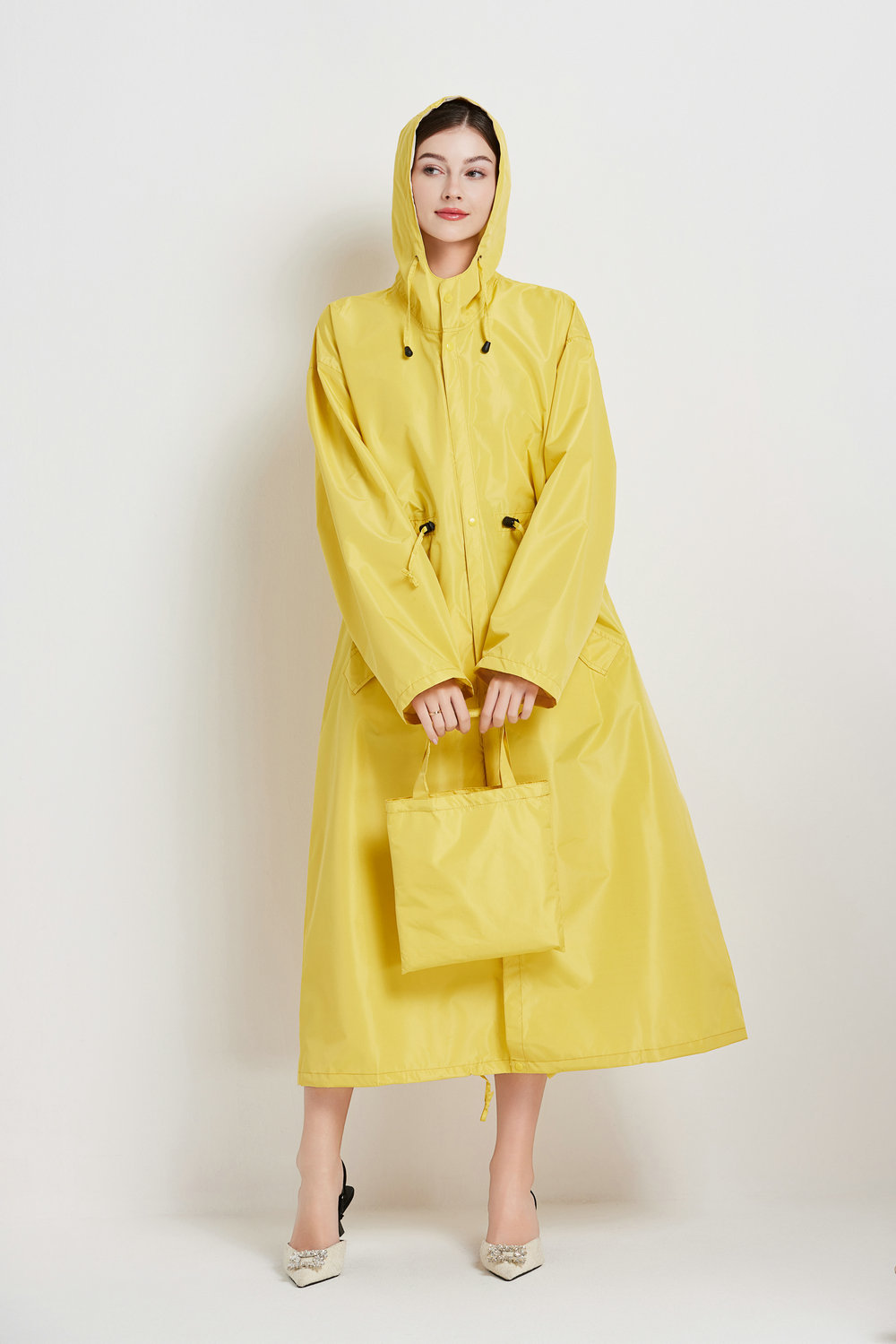 V888-ELOSUNG32643-202506241120-00 Size M Yellow Women's Chic Lightweight Waterproof Raincoat - Long Hooded Packable Rain Jacket with Pouch - Image 1