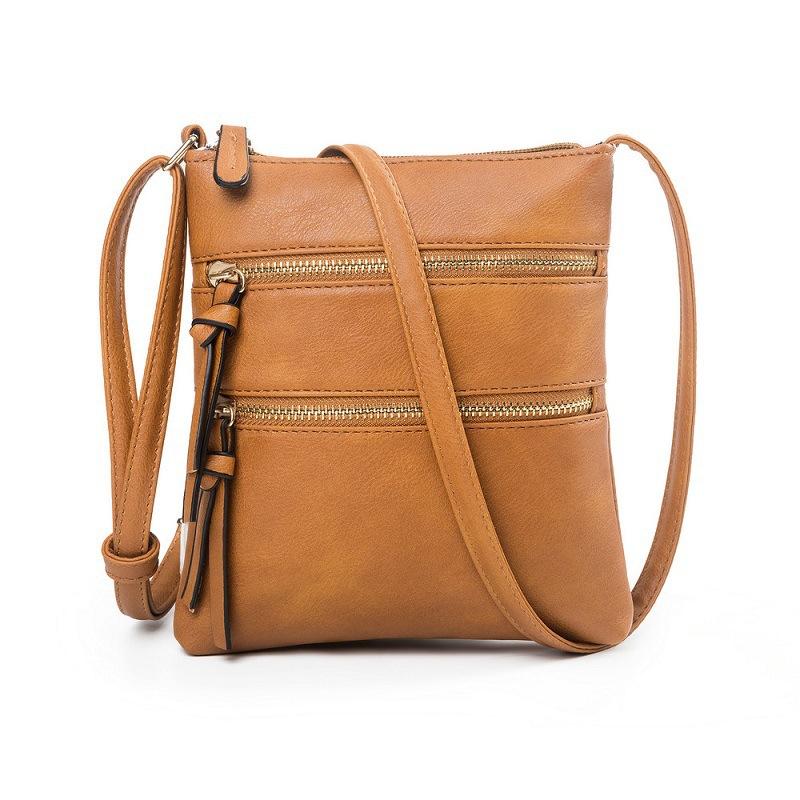 V888-ELOSUNG32649-202506241131-00 Brown Compact Women's Crossbody Bag - Adjustable Strap, Double Zipper Closure, 18x21cm Lightweight PU Leather Shoulder Bag - Image 1