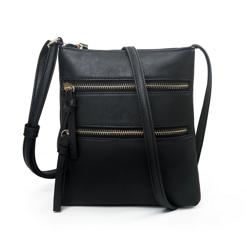 V888-ELOSUNG32650-202506241133-00 Black Compact Women's Crossbody Bag - Adjustable Strap, Double Zipper Closure, 18x21cm Lightweight PU Leather Shoulder Bag - Image 1