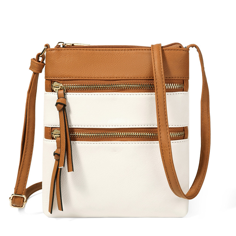 V888-ELOSUNG32655-202506241136-00 Brown and White Compact Women's Crossbody Bag - Adjustable Strap, Double Zipper Closure, 18x21cm Lightweight PU Leather Shoulder Bag - Image 1