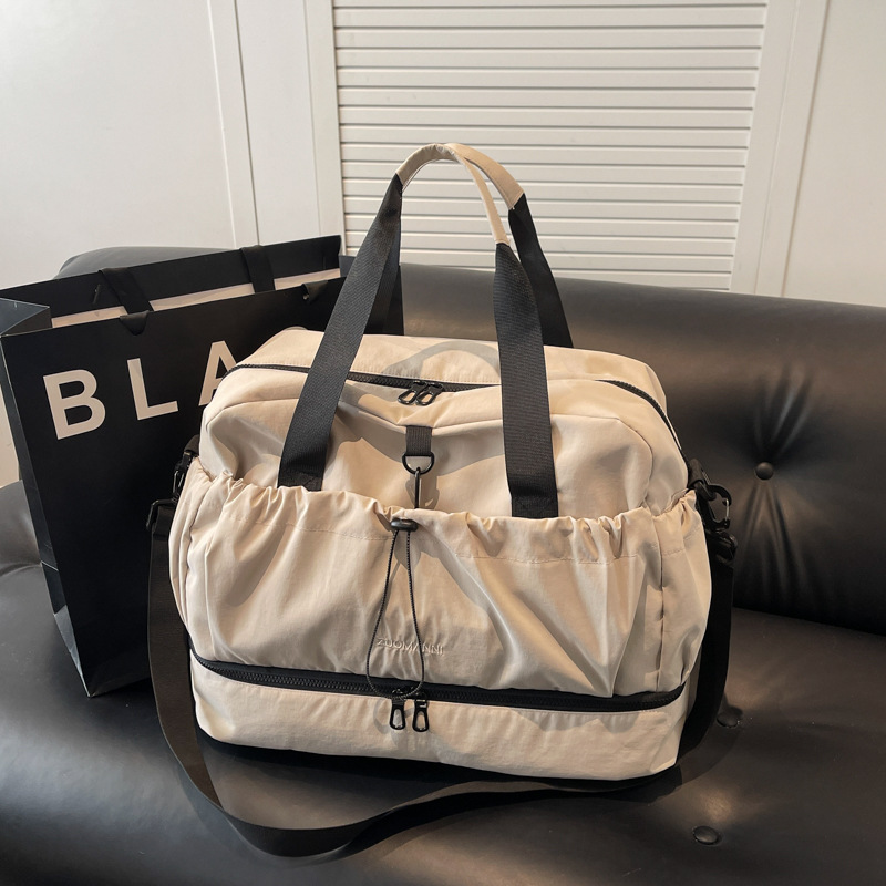 V888-ELOSUNG32657-202506241136-00 Beige and Black Large Capacity Travel Bag with Wet/Dry Separation - Canvas + Polyester, Lightweight Handbag for Short Trips and Fitness, Fits on Luggage - Image 1