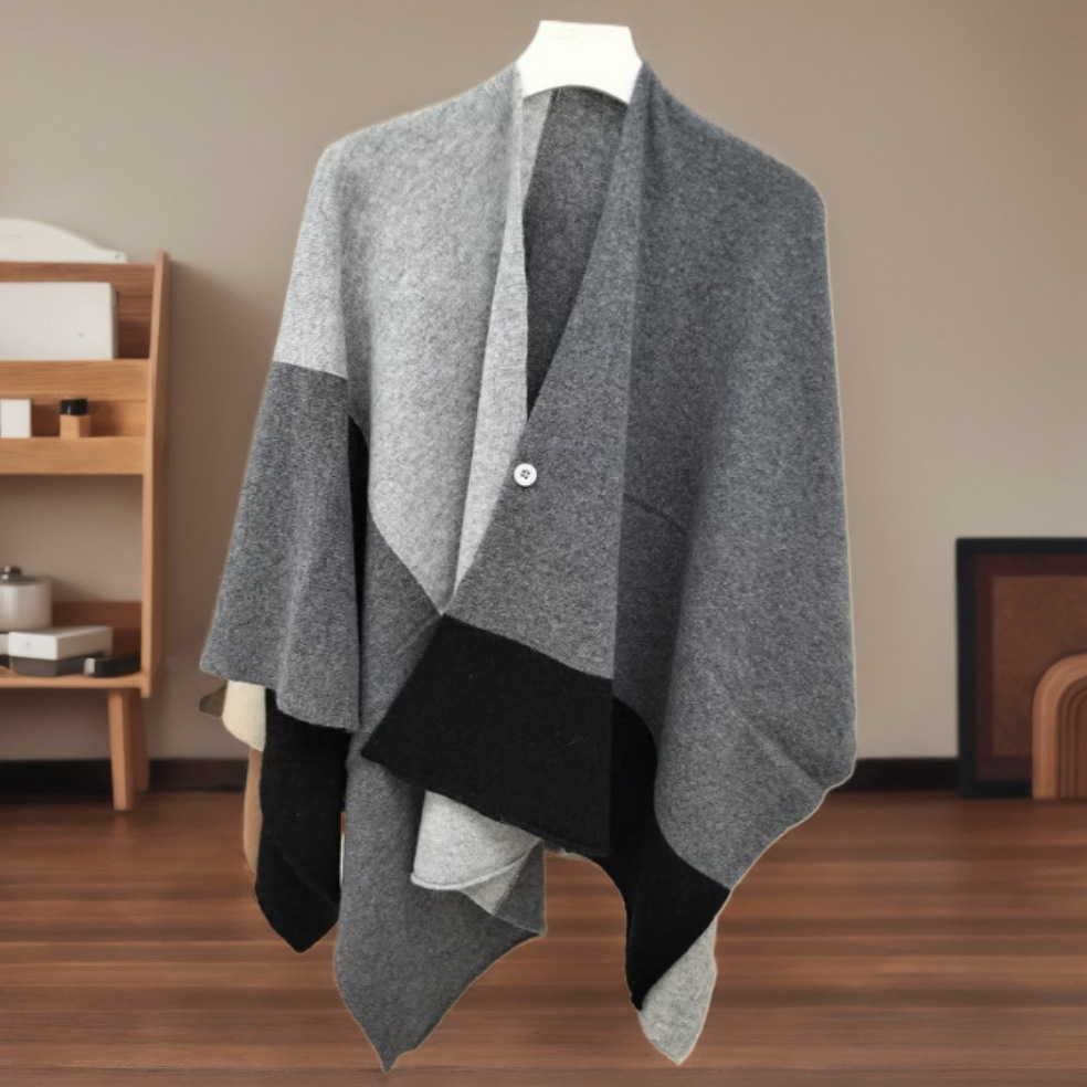V888-ELOSUNG32678-202506301035-00 Grey Pure Wool Extra Large Shawl Scarf Color Block Multi-functional Warm Cashmere Cape Poncho - Image 1