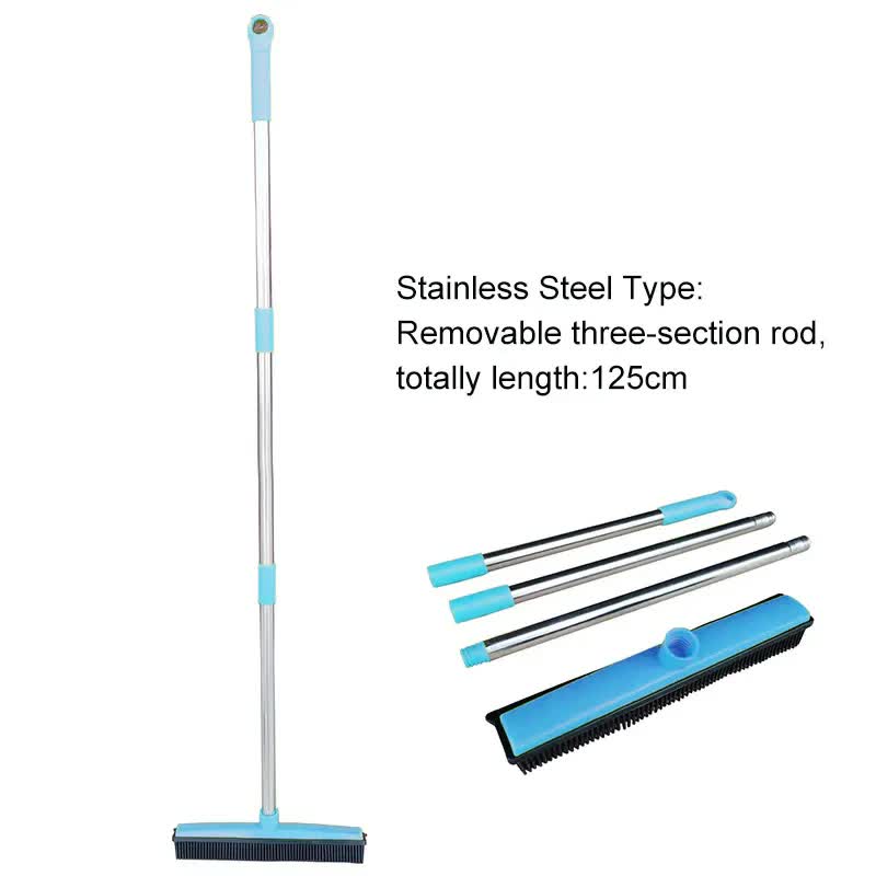 V888-ELOSUNG32717-202506301052-00 Blue and Silver Versatile Pet Hair Remover Rubber Broom & Squeegee - 125cm Adjustable Stainless Steel Handle for Carpets, Floors & Windows - Image 1