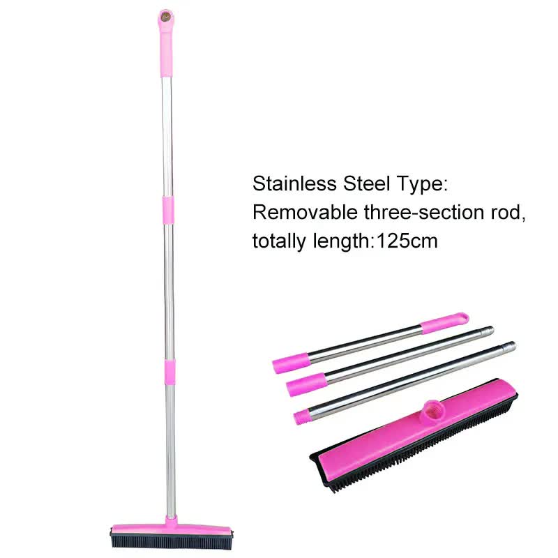 V888-ELOSUNG32718-202506301052-00 Pink and Silver Versatile Pet Hair Remover Rubber Broom & Squeegee - 125cm Adjustable Stainless Steel Handle for Carpets, Floors & Windows - Image 1