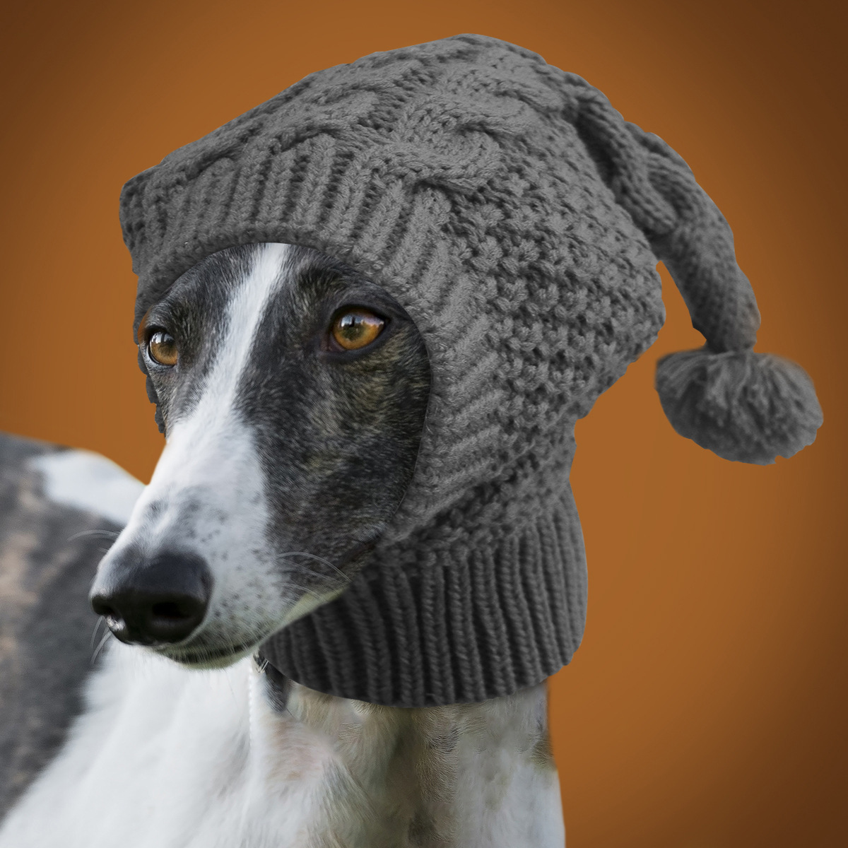 V888-ELOSUNG32794-202507021021-00 Size L Grey Whimsical Knit Dog Hat with Pom-Pom - Cozy Winter Pet Beanie & Snood - Image 1