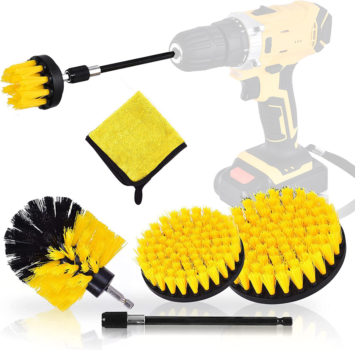 V888-ELOSUNG32804-202507021035-00 Yellow and Black 6 Pack Drill Brush Power Scrubber Cleaning Brush Extended Long Attachment Set All Purpose Drill Scrub Brushes Kit for Grout, Floor, Tub, Shower, Tile, Bathroom and Kitchen Surface - Image 1