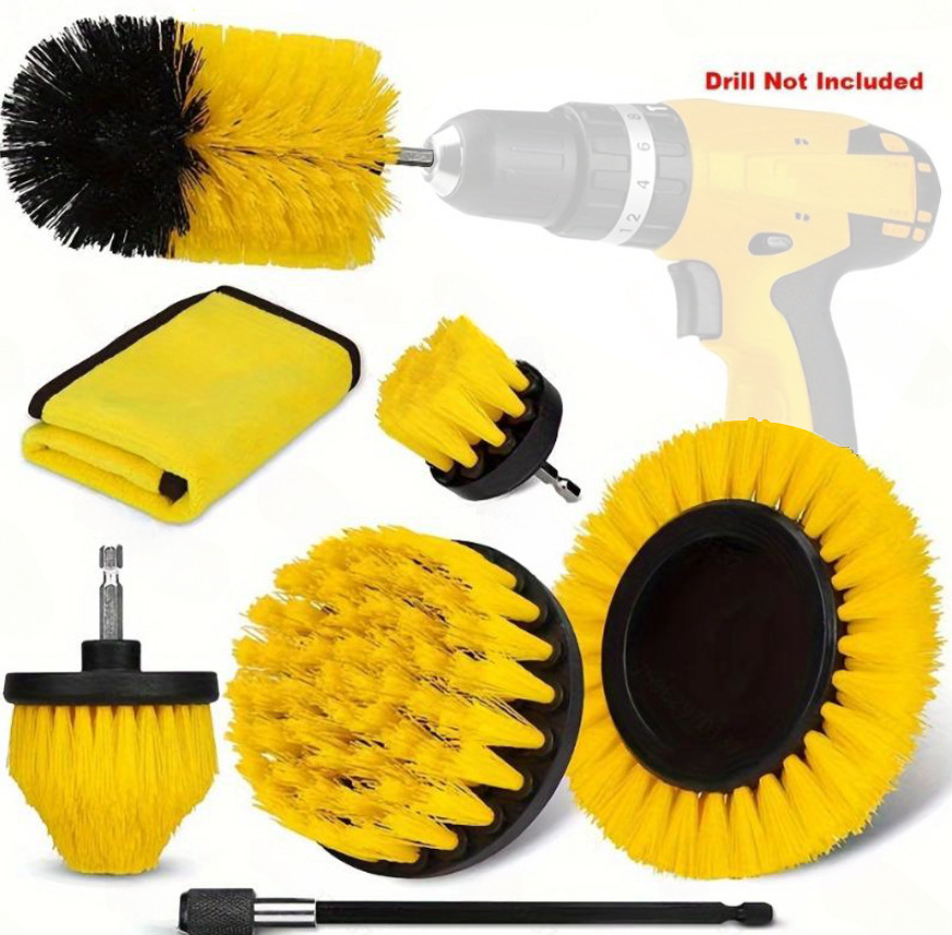 V888-ELOSUNG32805-202507021035-00 Yellow and Black Complete 7-Piece Drill Brush Power Scrubber Set - All-Purpose Cleaning Kit for Bathroom, Tile, Car Detailing & More - Image 1
