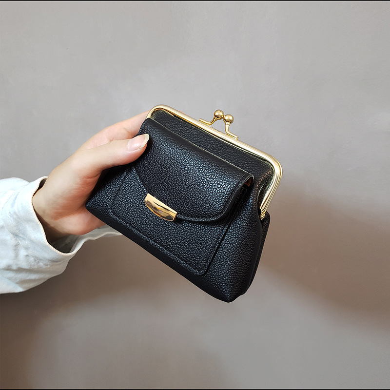 V888-ELOSUNG32816-202507041021-00 Black Vintage Style Women's Kiss Lock Coin Purse - Compact PU Leather Wallet with Card Holder - Image 1