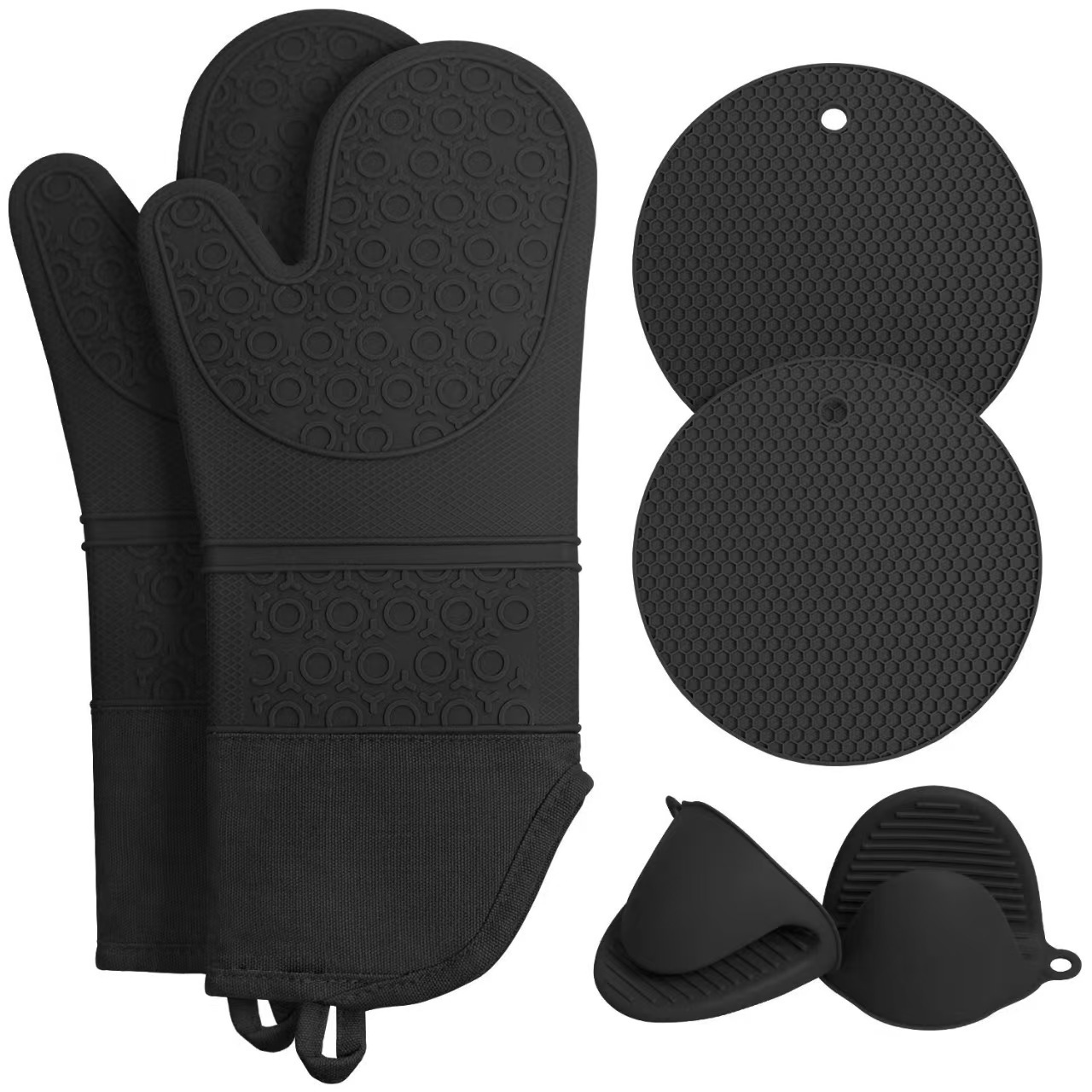 V888-ELOSUNG32826-202507041041-00 Black 6-Piece Silicone Oven Mitts and Pot Holders Set - Extra Long Waterproof Heat Resistant Gloves with Non-Slip Grip for Kitchen Baking BBQ - Image 1