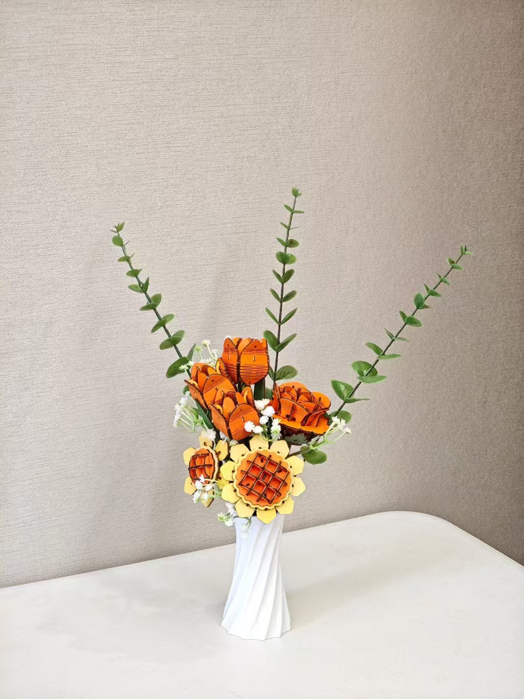 V888-ELOSUNG33041-202505261525-00 Orange DIY 3D Wooden Flower Bouquet Puzzle Set with Vase - Craft Kit for Kids and Adults - Image 1