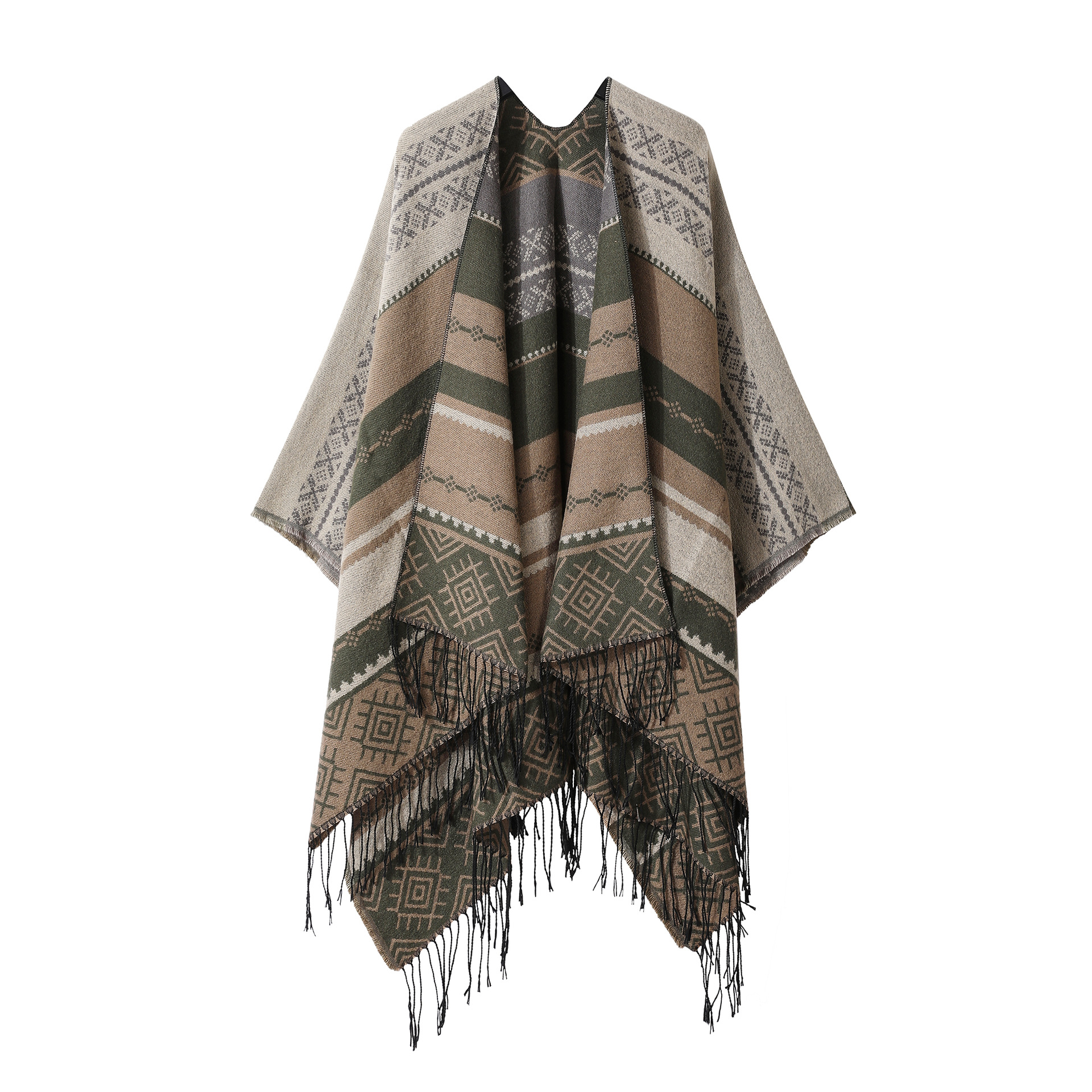 V888-ELOSUNG33078-202505281130-00 Grey Coffee Palindrome Fringe Bohemian Fringe Shawl Cloak - 160 x 135 cm Ethnic Inner Mongolia Style Double-Sided Scarf Cape - Image 1