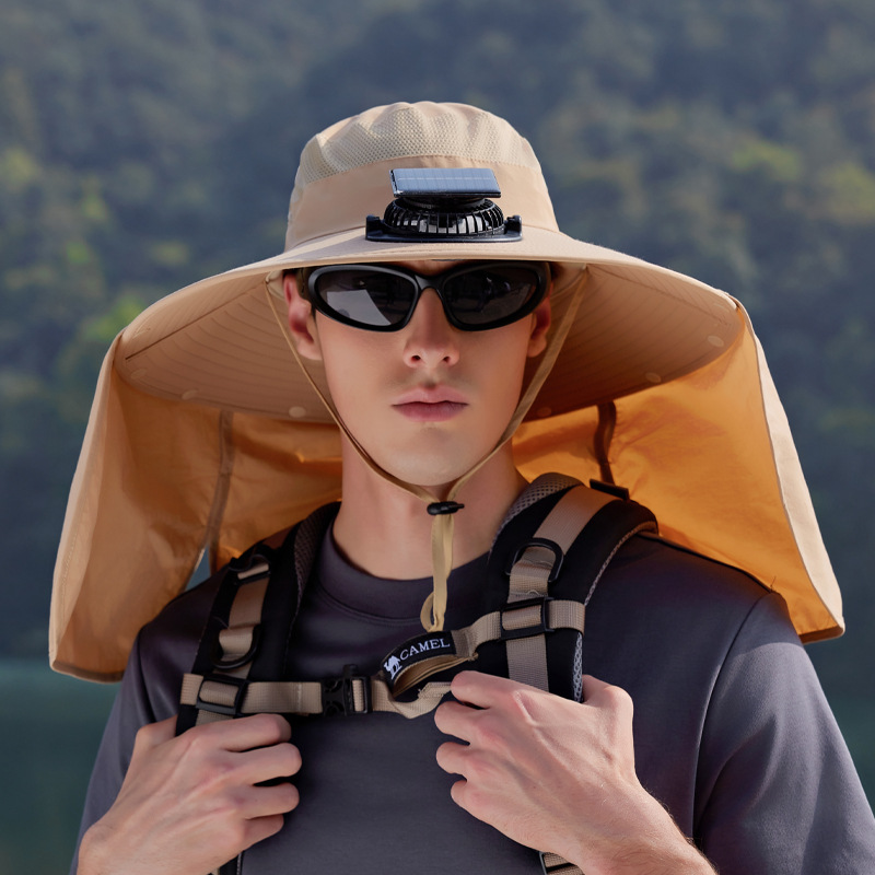 V888-ELOSUNG33094-202505281036-00 Khaki Outdoor Solar Fan Sun Hat - Large Brim Fishing Hiking Hat with Neck Cape - Image 1
