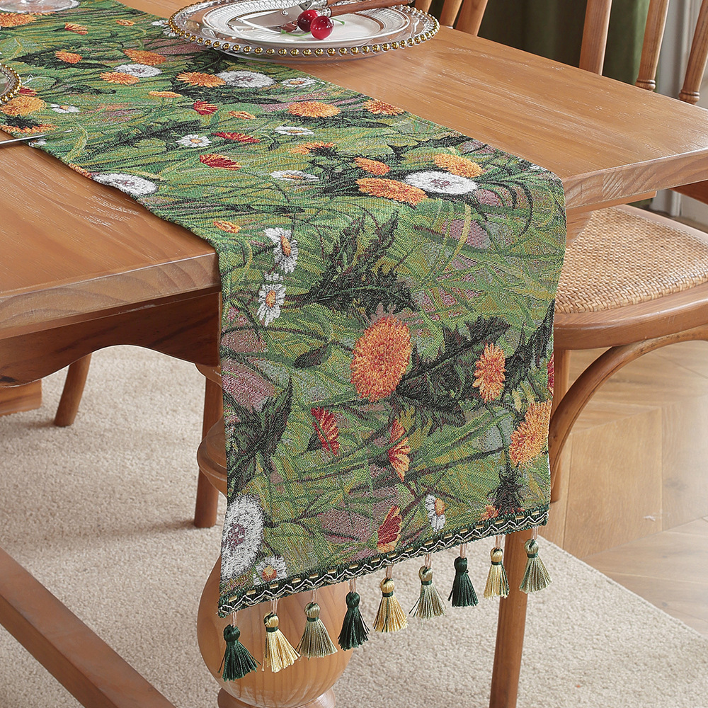 V888-ELOSUNG33102-202505281040-00 Green Taraxacum Mongolicum American Retro Jacquard Embroidered Table Runner - Light Luxury Table Mat 30cm x 180cm with Tassels - Image 1