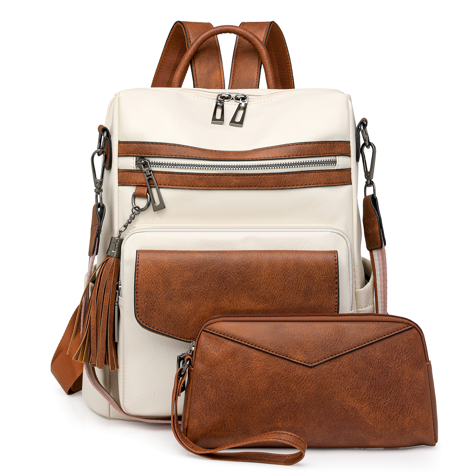 V888-ELOSUNG33113-202505301138-00 White-brown Women's Retro PU Leather Backpack - Dual-Color Tassel Design, Winter High-End Style - Image 1