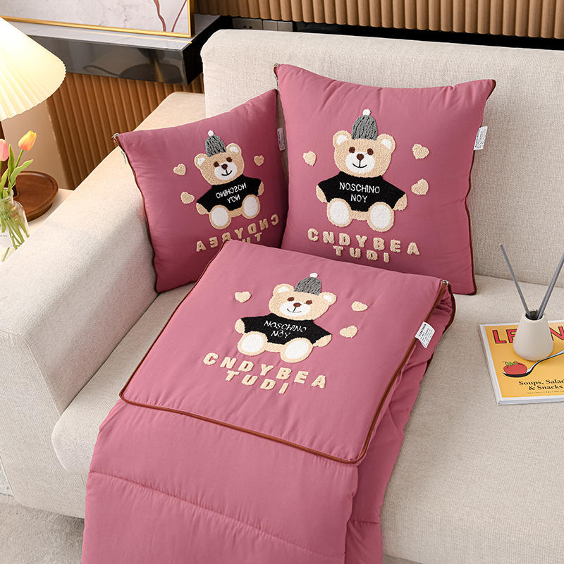 V888-ELOSUNG33117-202505301128-00 Pink Cap Bear 2-in-1 Foldable Car Pillow Blanket - Cozy 40x40cm Pillow, Unfolds to 100x150cm Blanket for Travel and Office Naps - Image 1