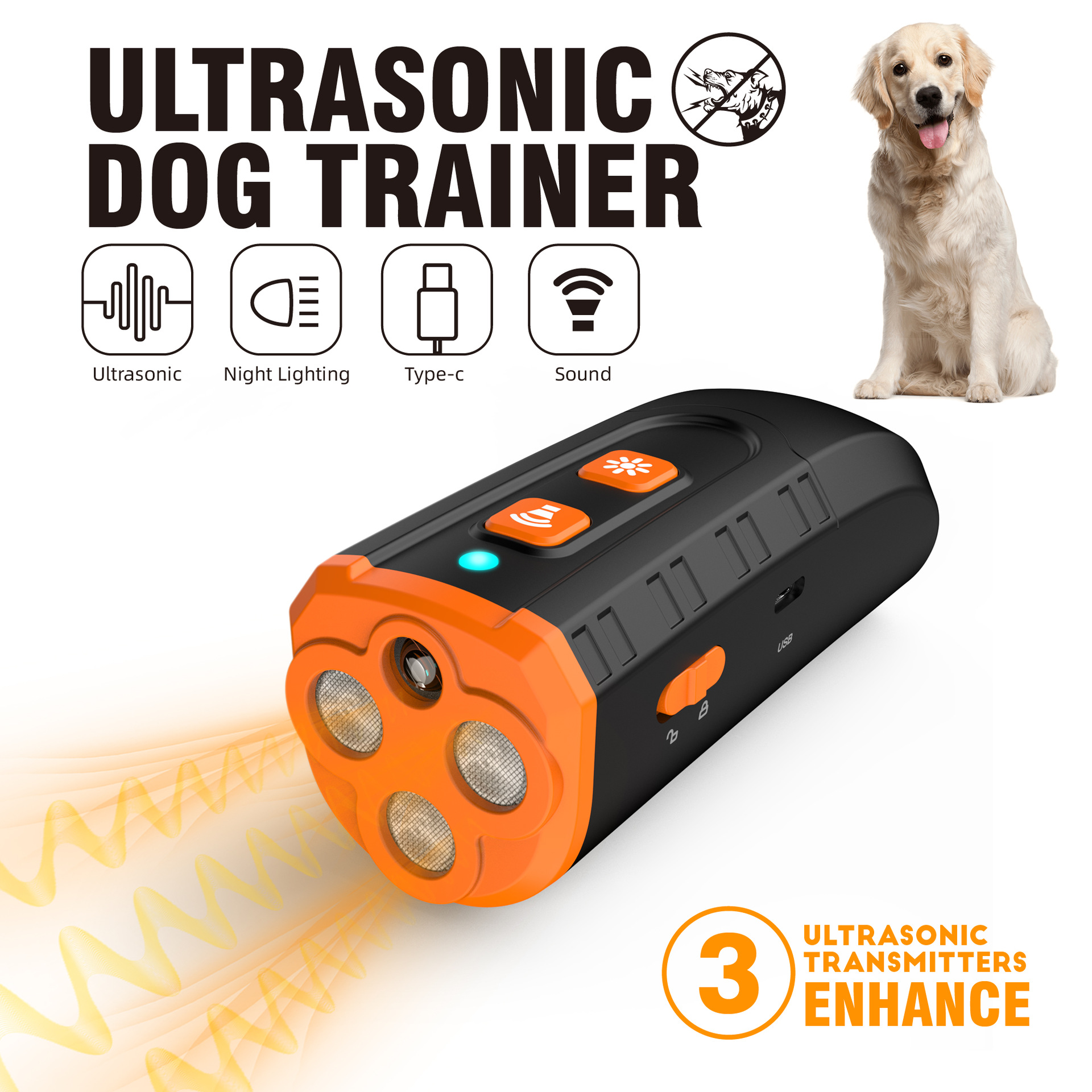 V888-ELOSUNG33149-202506041852-00 Portable 3-Core Ultrasonic Dog Repeller - High-Power Bark Control with Flash - Image 1