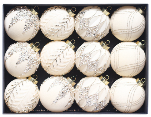 V888-ELOSUNG33194-202506061712-00 Beige-yellow 12-Piece 8cm Christmas Bauble Set - Colorful Flocked Tree Ornaments - Image 1