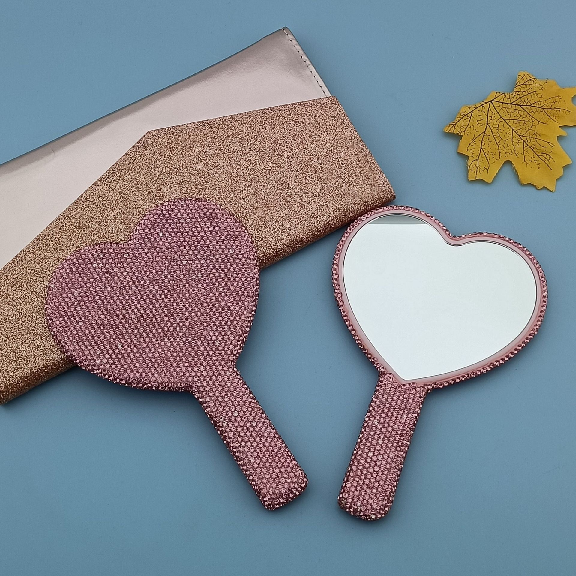 V888-ELOSUNG33245-202506101836-00 2PCS Pink Glamorous Diamond-Encrusted Heart Handheld Mirror - Luxe High-Definition Makeup Essential - Image 1