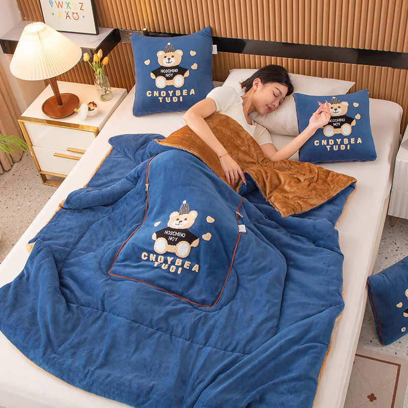 V888-ELOSUNG33270-202506111506-00 Navy Blue Padded Thickened Hat Bear 2-in-1 Foldable Car Pillow Blanket - Cozy 40x40cm Pillow, Unfolds to 100x150cm Blanket for Travel and Office Naps - Image 1