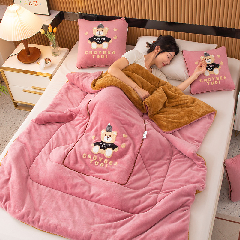 V888-ELOSUNG33271-202506111506-00 Pink Padded Thickened Hat Bear 2-in-1 Foldable Car Pillow Blanket - Cozy 40x40cm Pillow, Unfolds to 100x150cm Blanket for Travel and Office Naps - Image 1