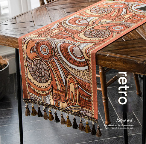 V888-ELOSUNG33285-202506190720-00 Retro American Retro Jacquard Embroidered Table Runner - Light Luxury Table Mat 30cm x 180cm with Tassels - Image 1