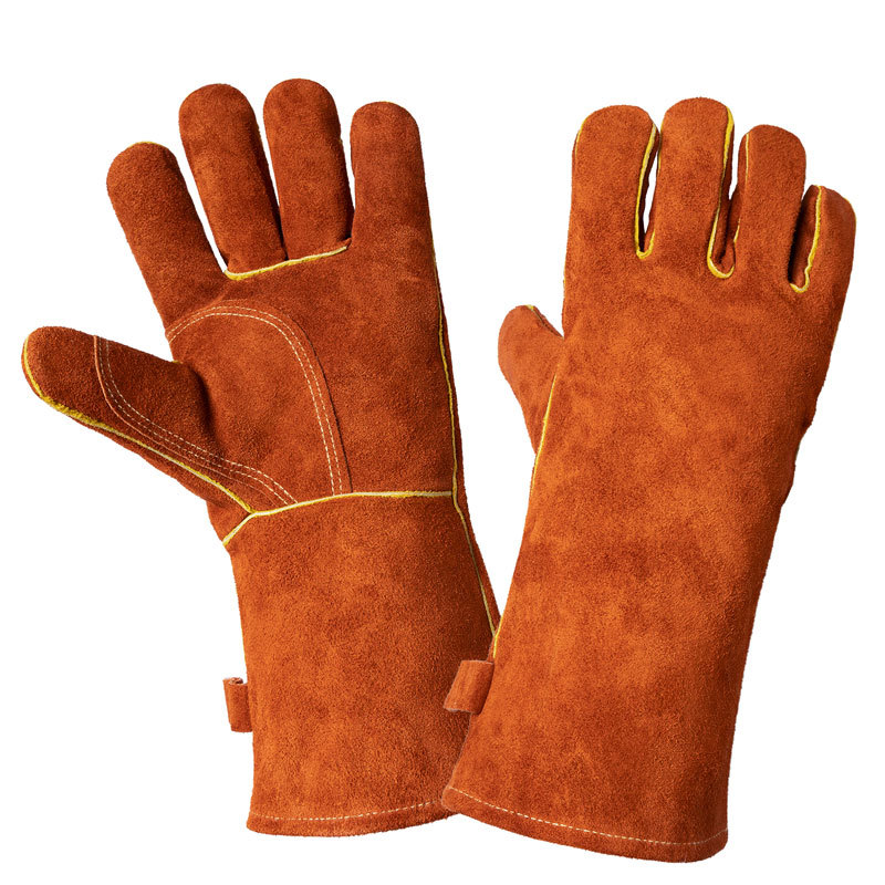 V888-ELOSUNG33337-202506191022-00 Coffee 14-Inch Premium Leather BBQ Gloves - Heat-Resistant Up to 500°C - Image 1