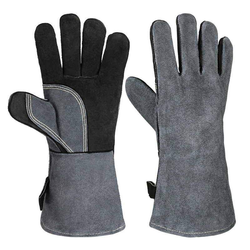V888-ELOSUNG33338-202506191130-00 Black-grey 14-Inch Premium Leather BBQ Gloves - Heat-Resistant Up to 500 Degree - Image 1