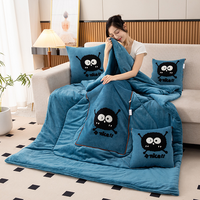 V888-ELOSUNG33351-202506191228-00 Lake Blue Padded and Thickened Elf 2-in-1 Foldable Car Pillow Blanket - Cozy 40x40cm Pillow, Unfolds to 100x150cm Blanket for Travel and Office Naps - Image 1