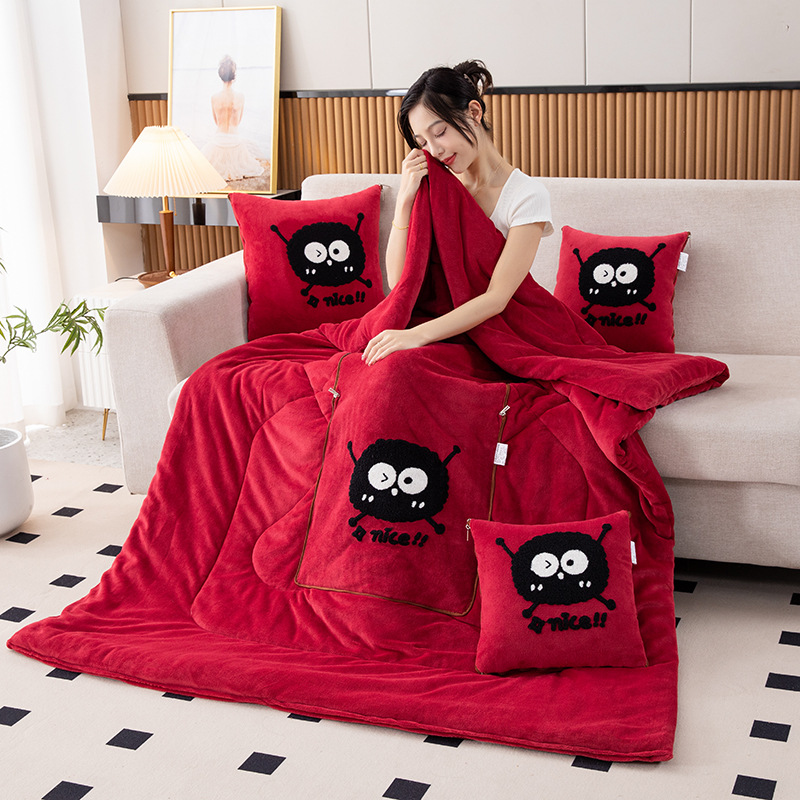 V888-ELOSUNG33352-202506191228-00 Wine Red Padded and Thickened Elf 2-in-1 Foldable Car Pillow Blanket - Cozy 40x40cm Pillow, Unfolds to 100x150cm Blanket for Travel and Office Naps - Image 1